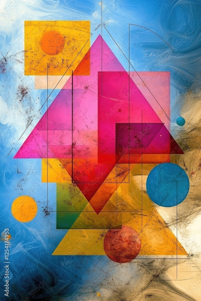 Fototapeta premium Abstract geometric shapes with colorful triangles and circles on blue swirl background
