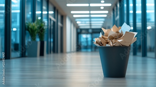 Office hallway, trash can, crumpled papers, discarded documents, business concept