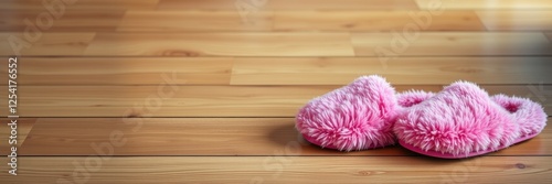 Fluffy pink slippers on wooden floor with cozy mood representing comfort and relaxation against a warm background photo