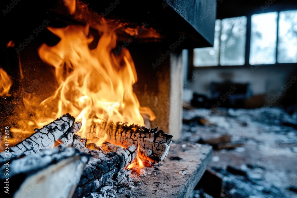 Cozy indoor fireplace with burning wood and vibrant flames in rustic setting Cozy indoor fireplace with burning wood and vibrant flames in rustic setting