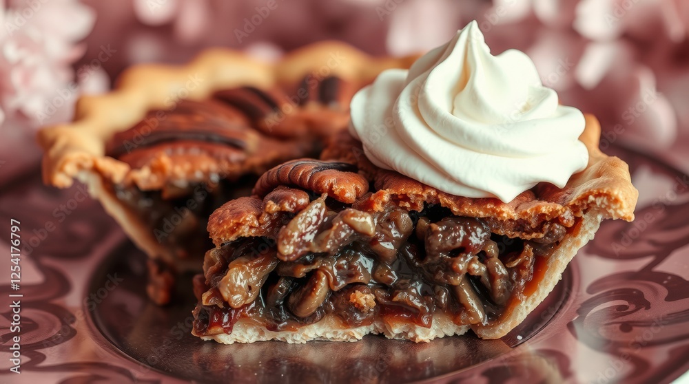 Delicious pecan pie slice topped with a generous swirl of whipped cream, ready to enjoy. Dessert perfection! Delicious pecan pie slice topped with a generous swirl of whipped cream, ready to enjoy. Dessert perfection!