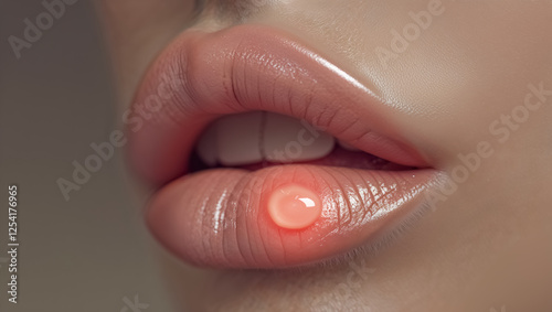 close up of young woman's lips with herpes disease
