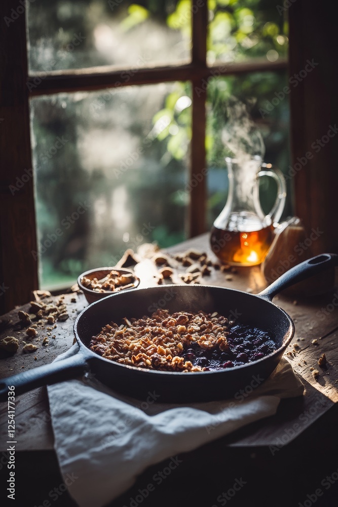 Steaming berry crumble in cast iron skillet on rustic wooden table by window. Steaming berry crumble in cast iron skillet on rustic wooden table by window.