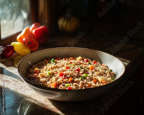 serving bowl of Bulgur wheat salad with vibrant fresh veggies accented in the frame photo