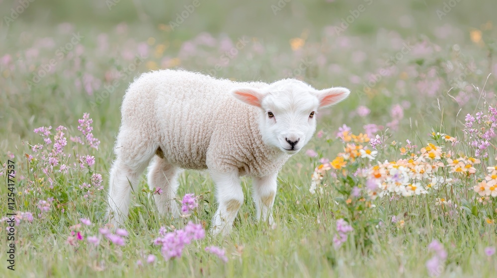 Cute lamb in a field of wildflowers. Possible use Children's book illustration Cute lamb in a field of wildflowers. Possible use Children's book illustration