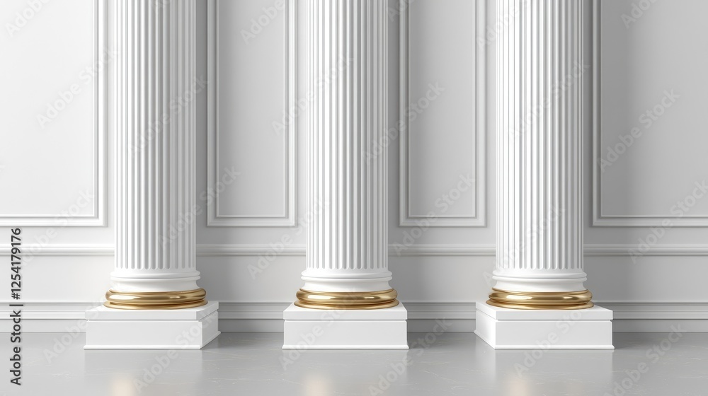 Obraz premium Three elegant white columns with golden bases against a minimalist background.