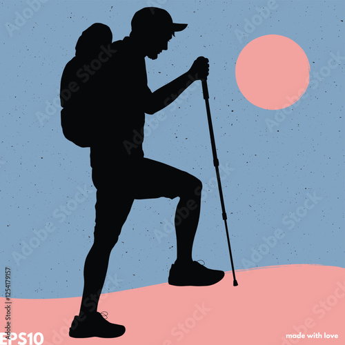Man with trekking poles walking uphill. Vector abstract background