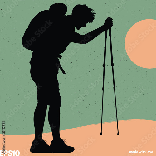 Tired man with trekking poles silhouette. Vector abstract background
