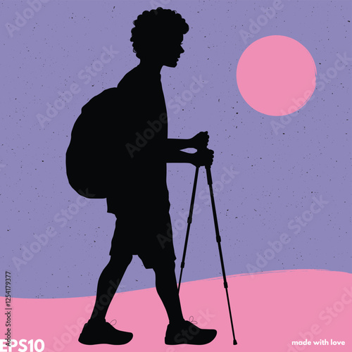 Boy with trekking poles silhouette. Vector abstract graphic background