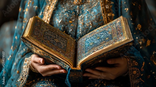 Woman in ornate dress reads ancient book indoors