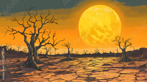 Barren, sun-baked earth; skeletal trees remain , dry, erosion. Skeletal Landscapes. Illustration