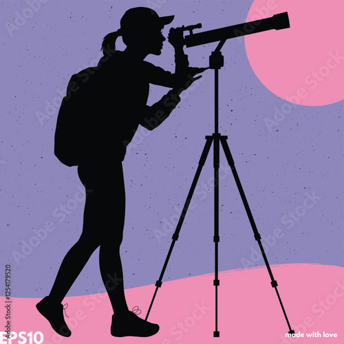 Woman with telescope on tripod. Vector silhouette, graphic background