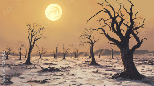 Barren, sun-baked earth; skeletal trees remain , dry, erosion. Skeletal Landscapes. Illustration