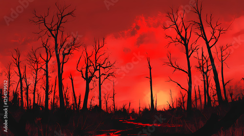 Dark, barren landscape with skeletal trees and red sky. Skeletal Landscapes. Illustration