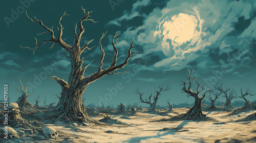 Barren, sun-baked earth; skeletal trees remain , dry, erosion. Skeletal Landscapes. Illustration