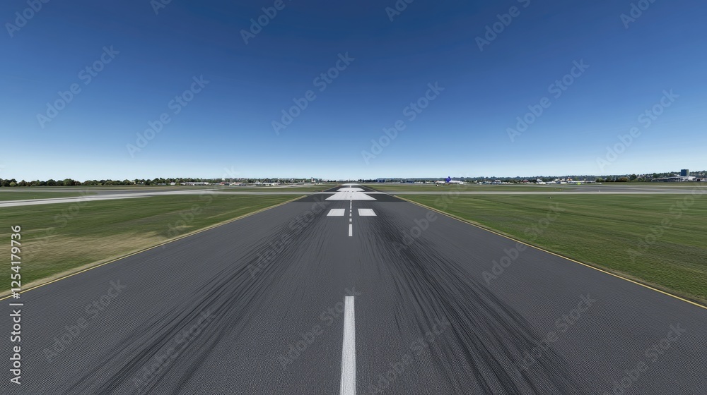 Fototapeta premium Airfield with an airplane taxiing towards a bright, open runway.