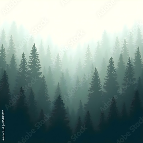 A serene digital painting of a misty evergreen forest fading into a soft, hazy background