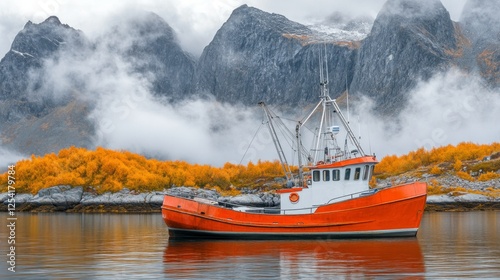 Autumnal fishing boat Norway fjord misty mountains