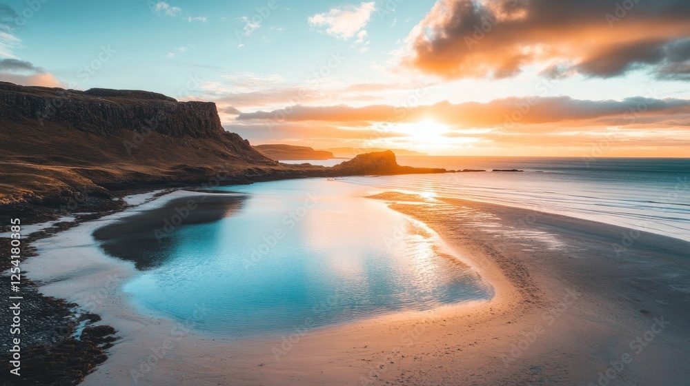 Fototapeta premium A beach shoreline curving around a bay with bright, shallow waters.
