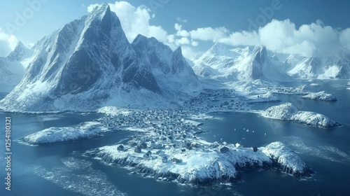 Stunning aerial panorama of Lofoten's snowy landscape, capturing the idyllic fishing village of Reine City nestled amidst majestic mountains and tranquil waters. 