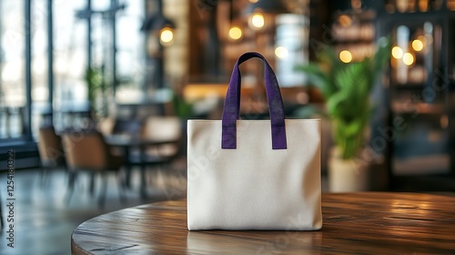 Wallpaper Mural White tote bag with dark purple handles on a wooden table in a coffee shop interior, mockup template for design work Torontodigital.ca