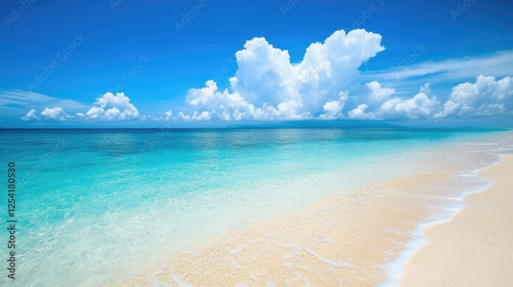 Fototapeta premium A bright, golden beach stretching along the coastline with a clear blue ocean.