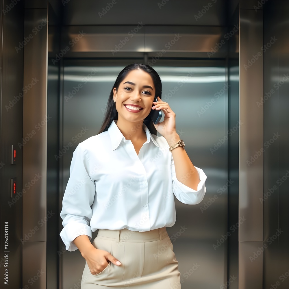 Joven ejecutiva hispana hablando por teléfono frente al ascensor. Lleva una camisa blanca y una minifalda. Joven ejecutiva hispana hablando por teléfono frente al ascensor. Lleva una camisa blanca y una minifalda.