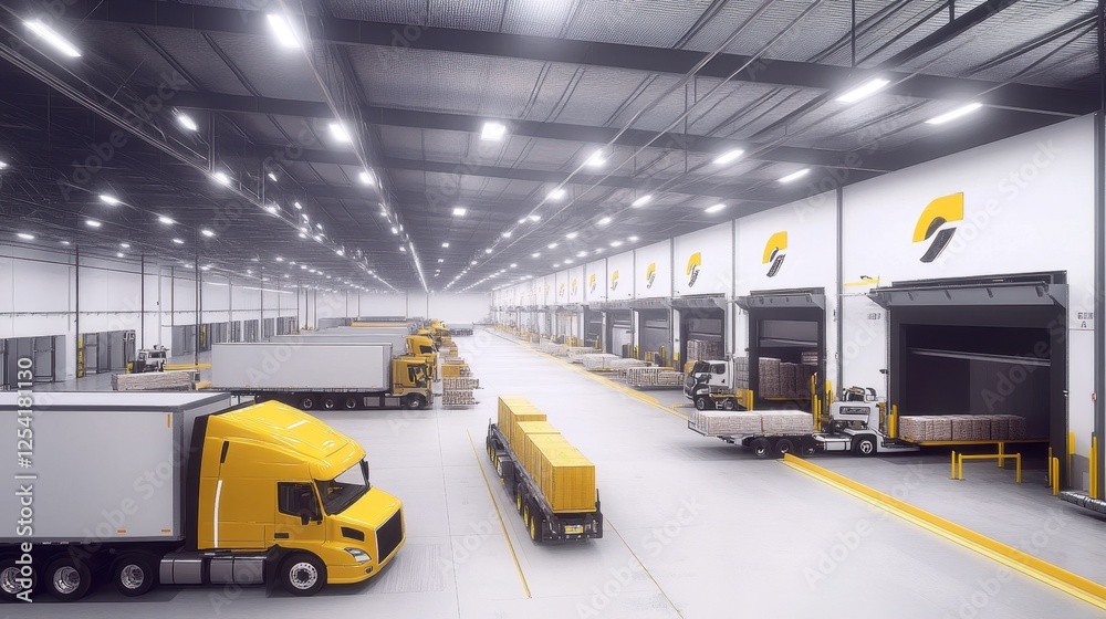 Fototapeta premium A distribution center with multiple trucks loading and unloading goods.