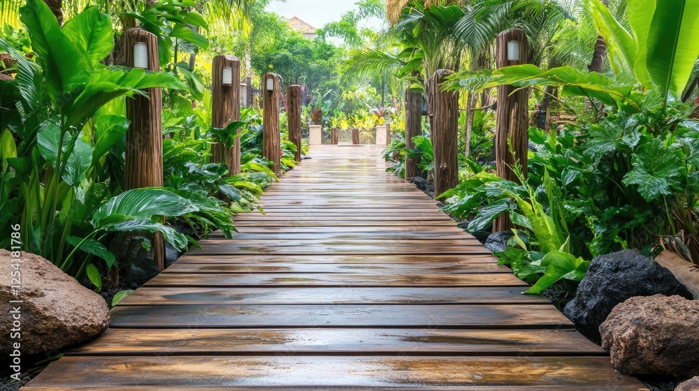 A rustic wooden boardwalk leading through a lush tropical rainforest. A rustic wooden boardwalk leading through a lush tropical rainforest.