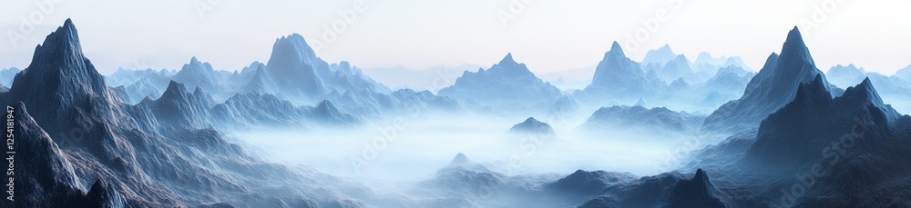 Misty mountain range panorama, sunrise, aerial view Misty mountain range panorama, sunrise, aerial view