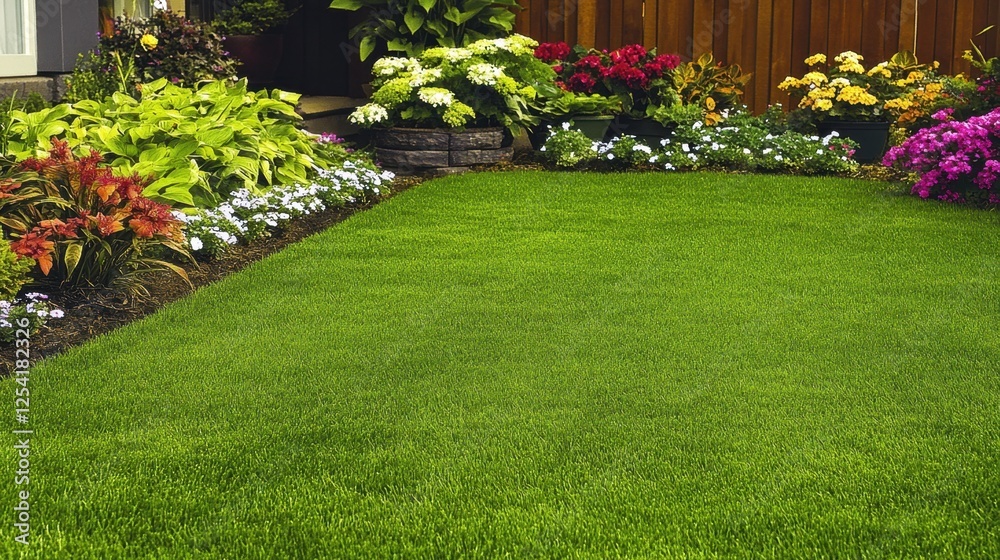 Fototapeta premium A lush green backyard with neatly trimmed grass, ornamental plants, and potted flowers.
