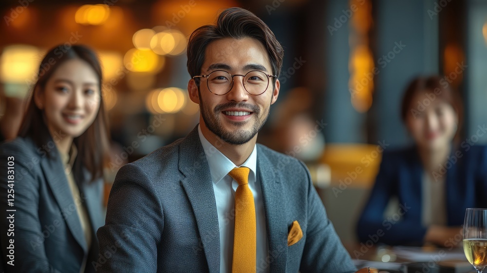 A professional man smiles confidently in a business meeting setting with colleagues in the background. A professional man smiles confidently in a business meeting setting with colleagues in the background.