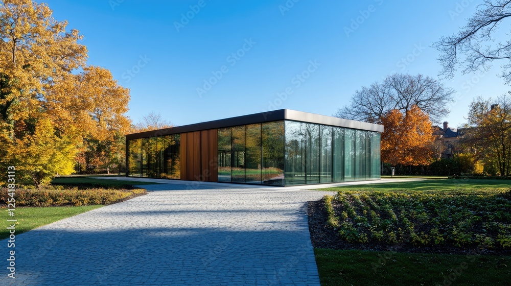 Fototapeta premium Bright contemporary home with a clean driveway, glass facade, and blue sky reflection.