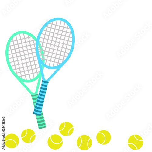 Template with tennis rackets and balls on a white background. Popular sports. Cartoon vector illustration for card, print, poster.