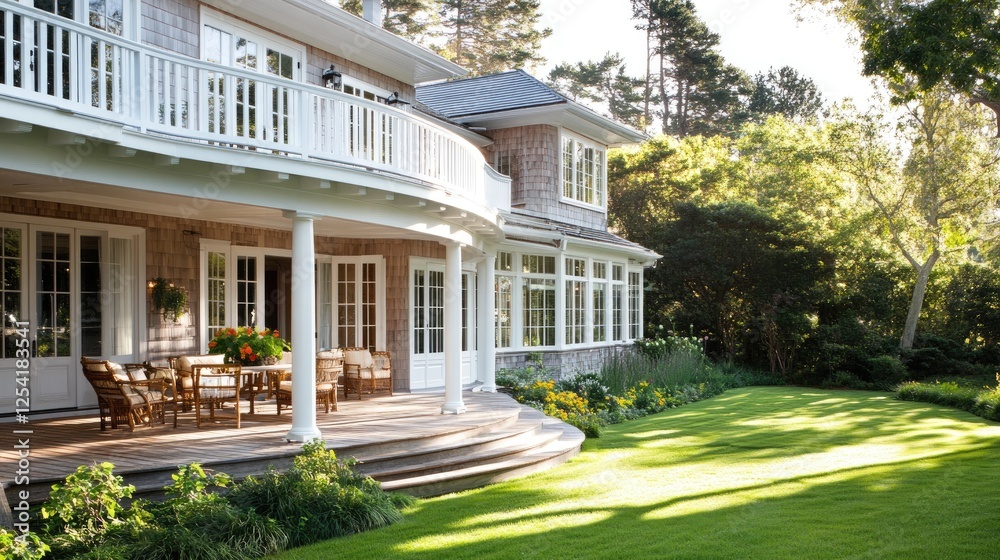 Coastal retreat house with a wraparound balcony, bright wood paneling, and sunlight. Coastal retreat house with a wraparound balcony, bright wood paneling, and sunlight.
