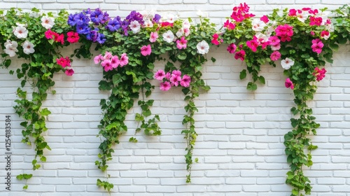 Colorful flower-filled vertical garden on a white brick wall.