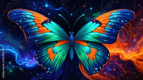 An abstract representation of a butterfly, where its wings are composed of swirling galaxies, stars, and cosmic clouds