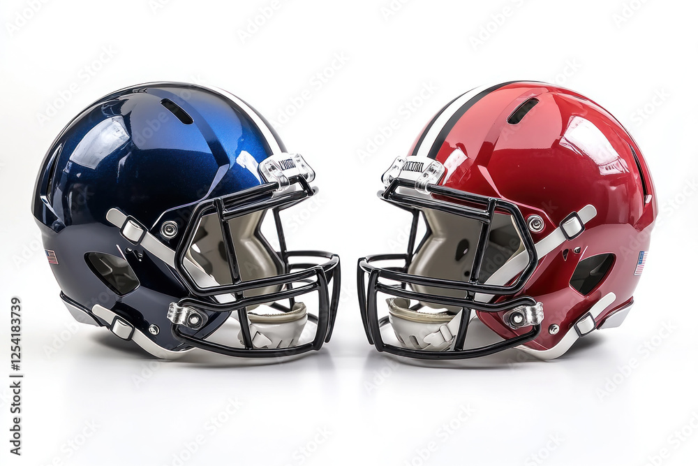 Fototapeta premium Two helmets on a white background: one black with a visor, one white with a logo, side by side.