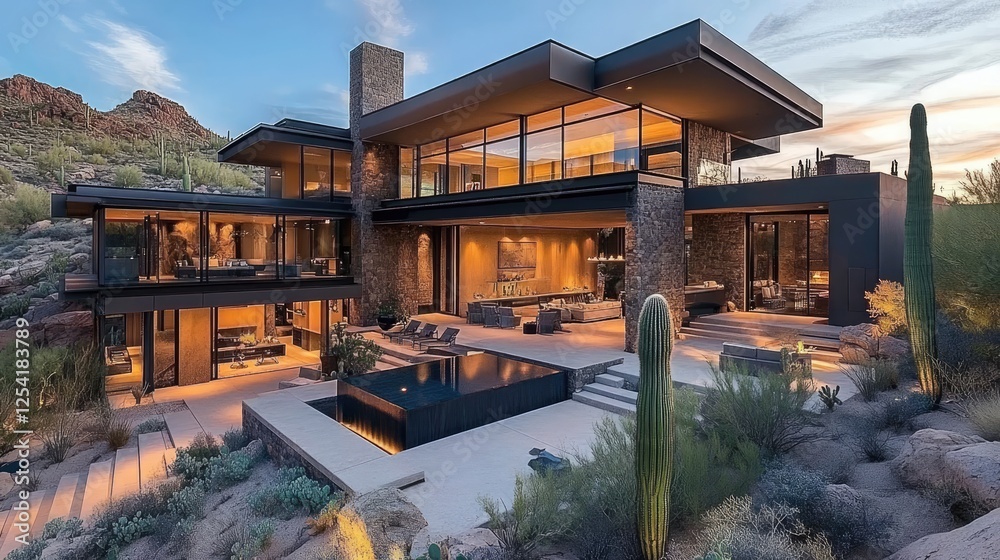 Obraz premium Desert modern home with neutral tones, cacti landscaping, and clear natural lighting.