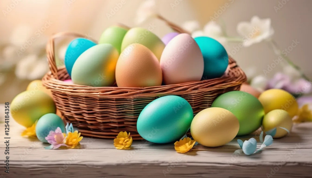 Colorful easter eggs in a wicker basket. Colorful easter eggs in a wicker basket.