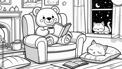 A cute and cozy illustration in kawaii coloring book style. In black and white for coloring. Rounded lines, simple and soft outlines, friendly expressions, and a minimalist touch.