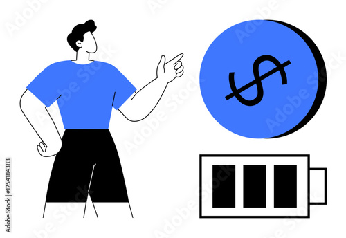 Person pointing at large blue dollar sign, next to black and white battery icon. Ideal for themes of efficiency, financial management, energy conservation, productivity, resource allocation, economic