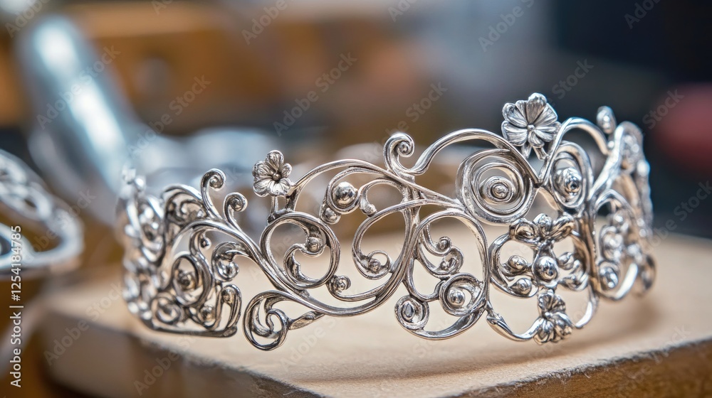 Obraz premium Handcrafted silver bracelet in progress with delicate filigree patterns.