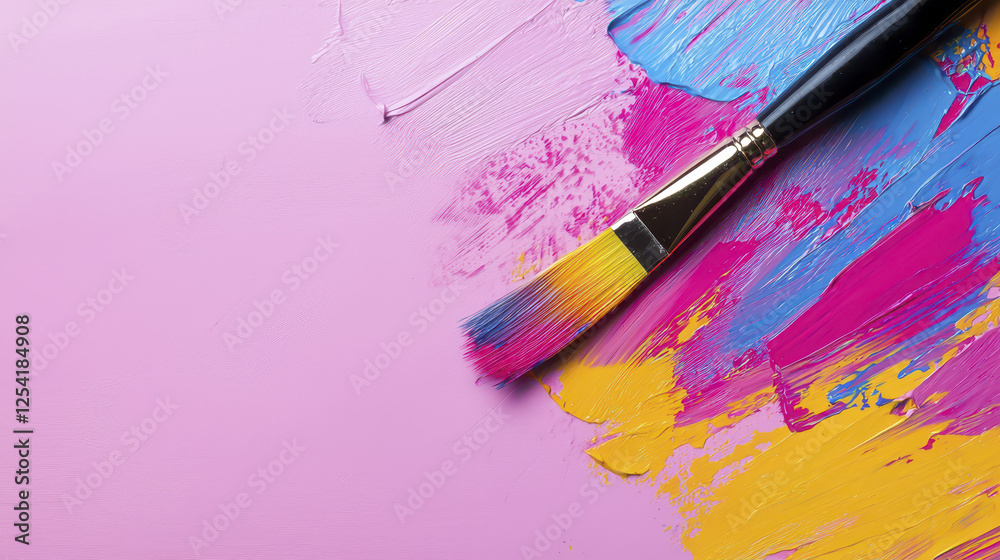 Obraz premium Colorful paint strokes with brush on pink background create vibrant artistic scene
