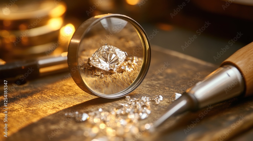 Jeweler's magnifying glass focusing on intricate stone setting work.