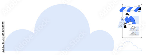 Large blue cloud with a smartphone displaying an online store interface. Ideal for e-commerce, cloud computing, digital marketing, remote retail, online business, technology integration, virtual