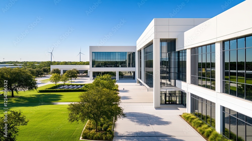 Modern Corporate Building with Green Landscape and Wind Turbines Modern Corporate Building with Green Landscape and Wind Turbines