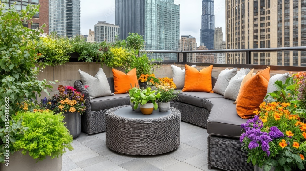 Fototapeta premium Luxury rooftop garden with modern seating, vibrant plants, and city skyline views.