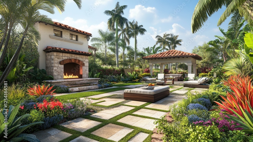 Fototapeta premium Luxury villa garden with lush landscaping, an outdoor fireplace, and sophisticated decor.