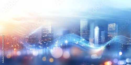 Cityscape sunrise, digital waves, urban technology, future concept